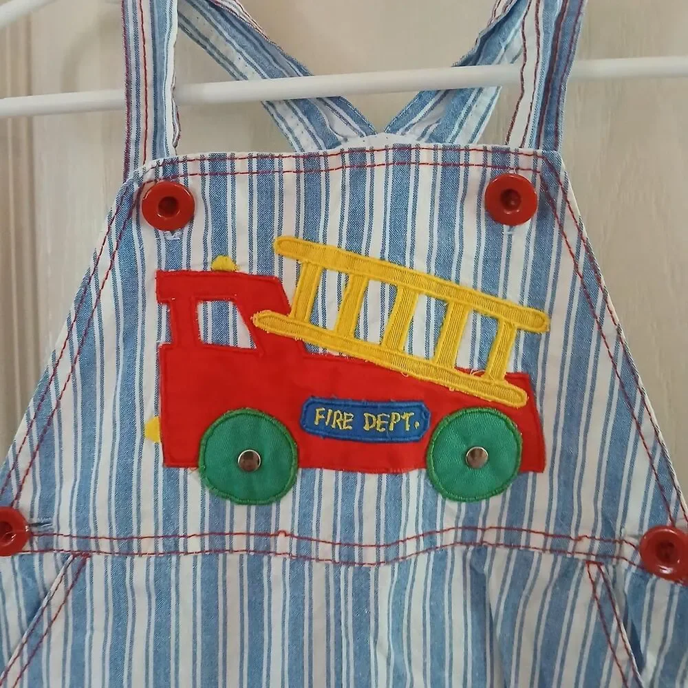 Vintage 90s Blue White 100% Cotton Striped Fire Truck Shorts Overalls 18m Retro